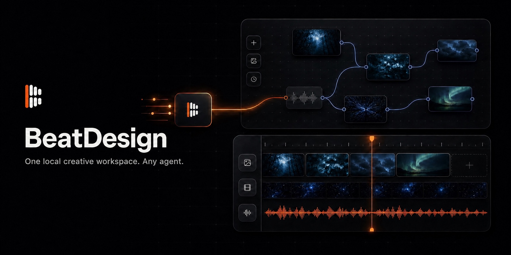 Illustration éditoriale — BeatDesign ouvre un canvas local que Codex, Claude Code et Cursor pilotent via MCP